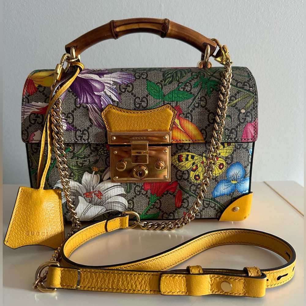 Gucci Flora GG Bamboo padlock coated canvas and leather shoulder bag